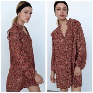 NEW Zara Red Floral‎ Printed Button Ruffle Shoulder Long Sleeve Mini Dress SZ XS